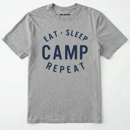 Sport Grey eat sleep camp repeat t-shirt with bold text on a white background.