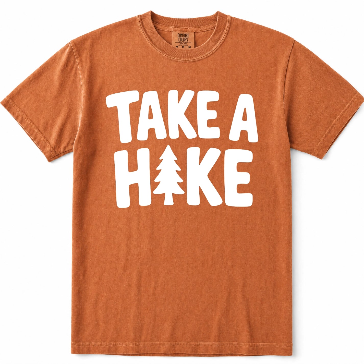 Yam short-sleeve crewneck t-shirt in a washed rust-orange color, featuring the phrase 'TAKE A HIKE' printed in bold white capital letters across the chest, with a small pine tree icon replacing the letter 'I'.
