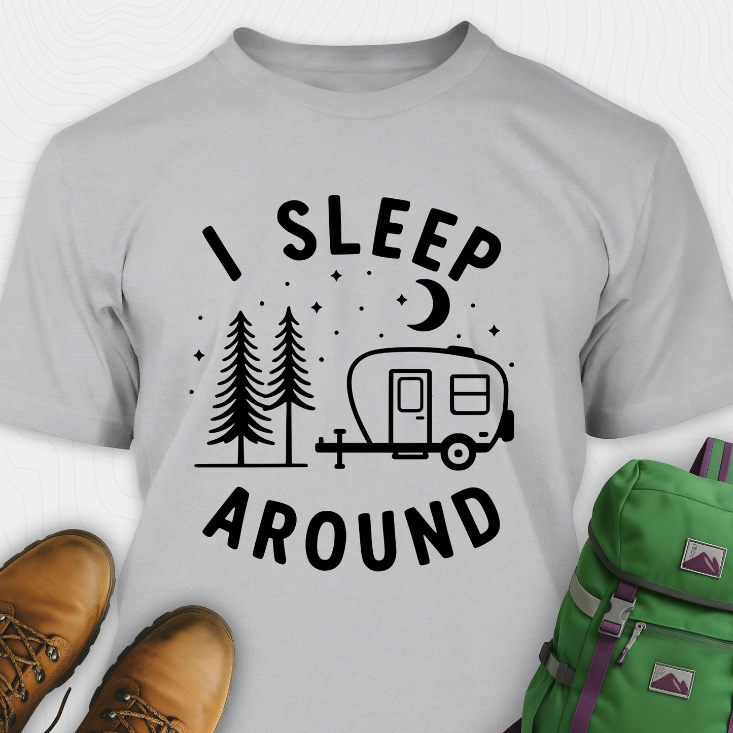 Gray I sleep around camper shirt with travel trailer and night sky graphic