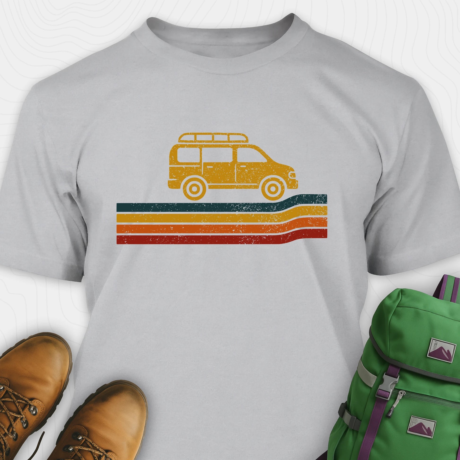 Grey van life t-shirt with retro camper van graphic and vintage striped design