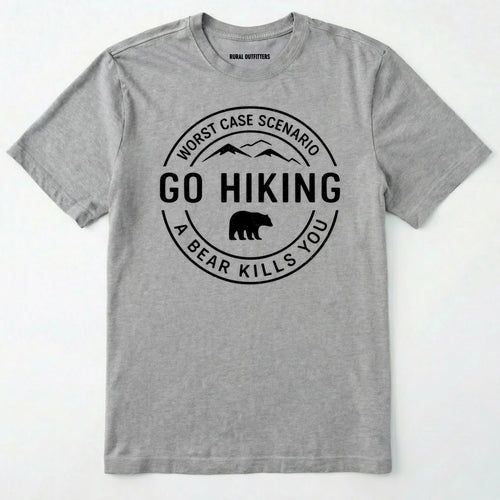 Sport Grey funny hiking shirt with circular go hiking graphic and bear illustration on a white background.