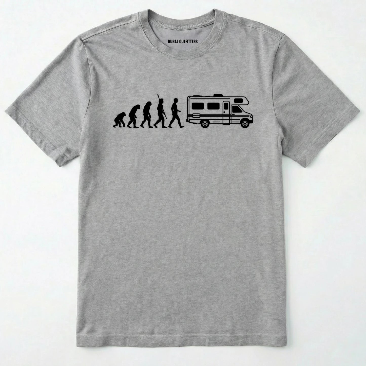 Sport Grey evolution shirt featuring a human to rv silhouette graphic on a white background.