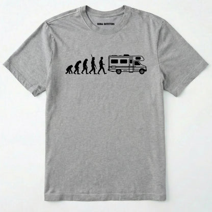 Sport Grey evolution shirt featuring a human to rv silhouette graphic on a white background.