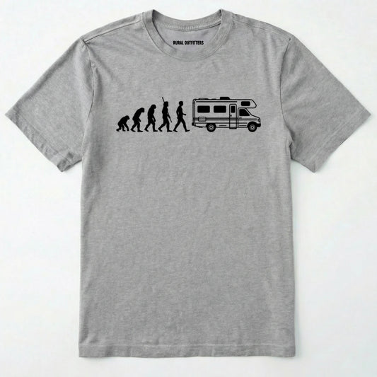 Sport Grey evolution shirt featuring a human to rv silhouette graphic on a white background.