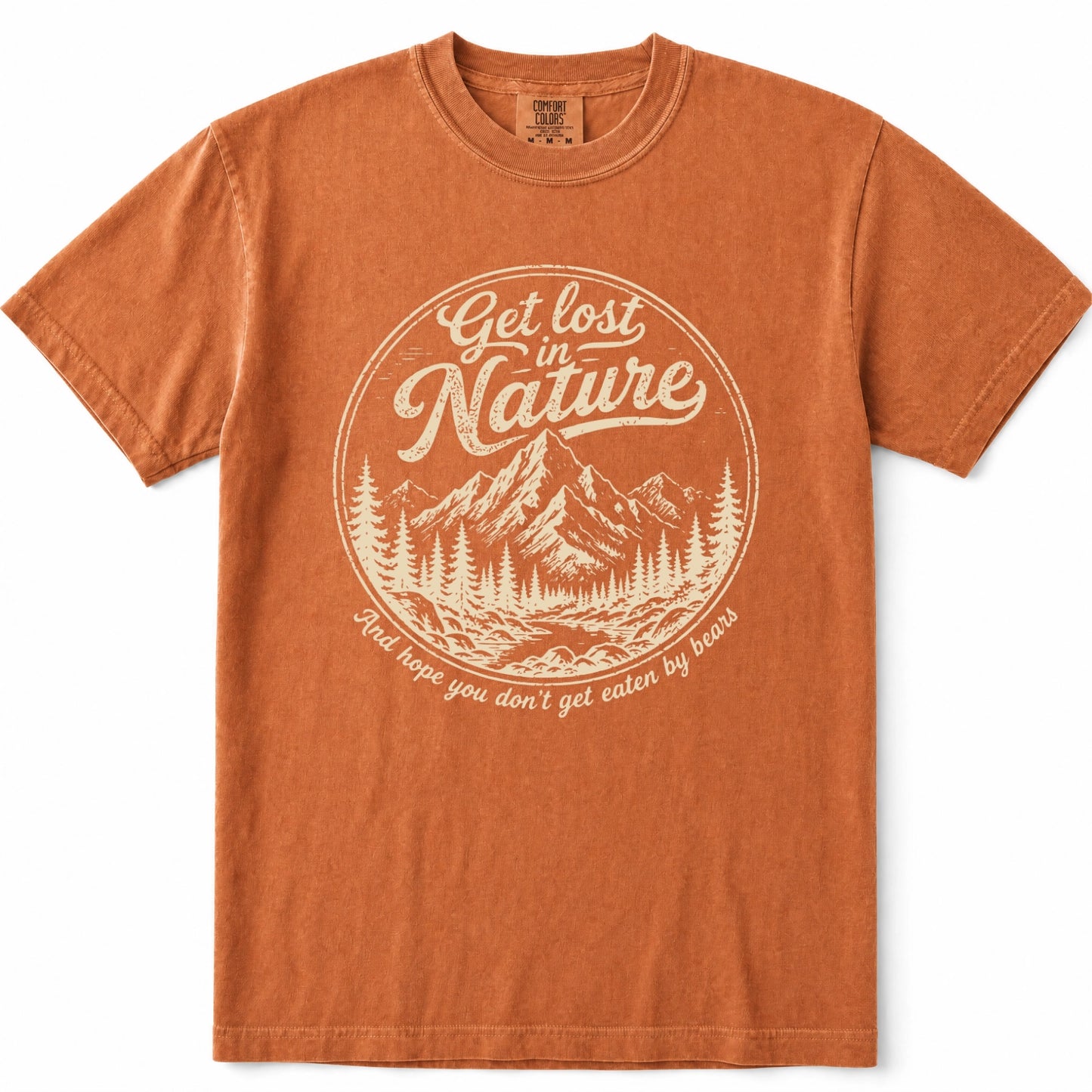 Yam crewneck t-shirt with a distressed cream graphic on the front featuring mountains, pine trees, and the text 'Get lost in Nature' and 'And hope you don't get eaten by bears'.