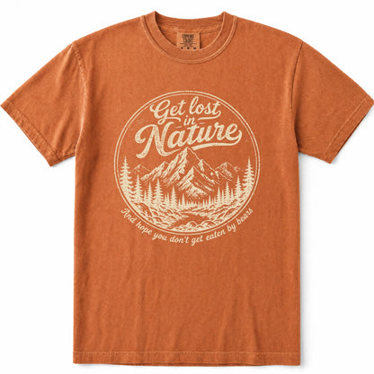 Yam crewneck t-shirt with a distressed cream graphic on the front featuring mountains, pine trees, and the text 'Get lost in Nature' and 'And hope you don't get eaten by bears'.