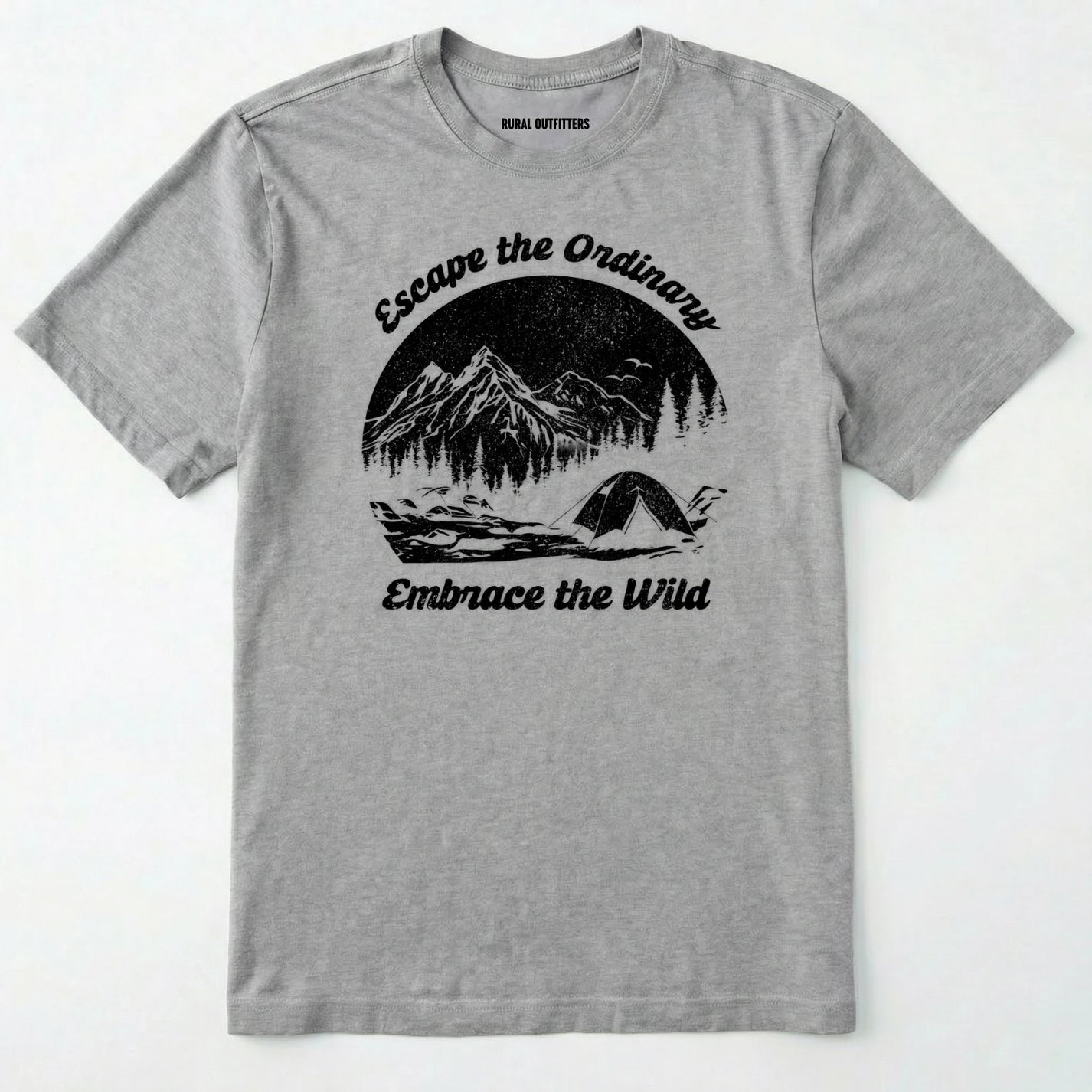 Sport Grey escape the ordinary t-shirt with mountain and tent graphic on a white background.