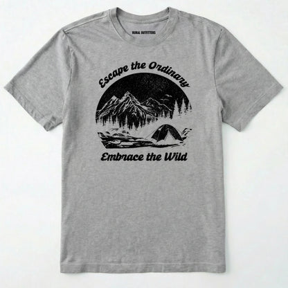 Sport Grey escape the ordinary t-shirt with mountain and tent graphic on a white background.