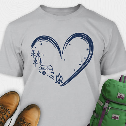 Grey I love camping shirt with heart-shaped mountain and camper design