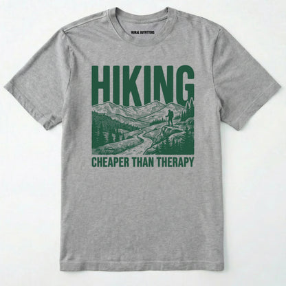 Sport Grey t-shirt with Military Green hiking graphic and text on a white background