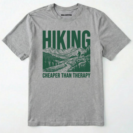 Sport Grey t-shirt with Military Green hiking graphic and text on a white background