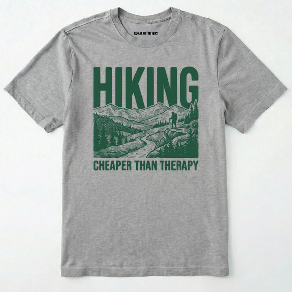Sport Grey t-shirt with Military Green hiking graphic and text on a white background