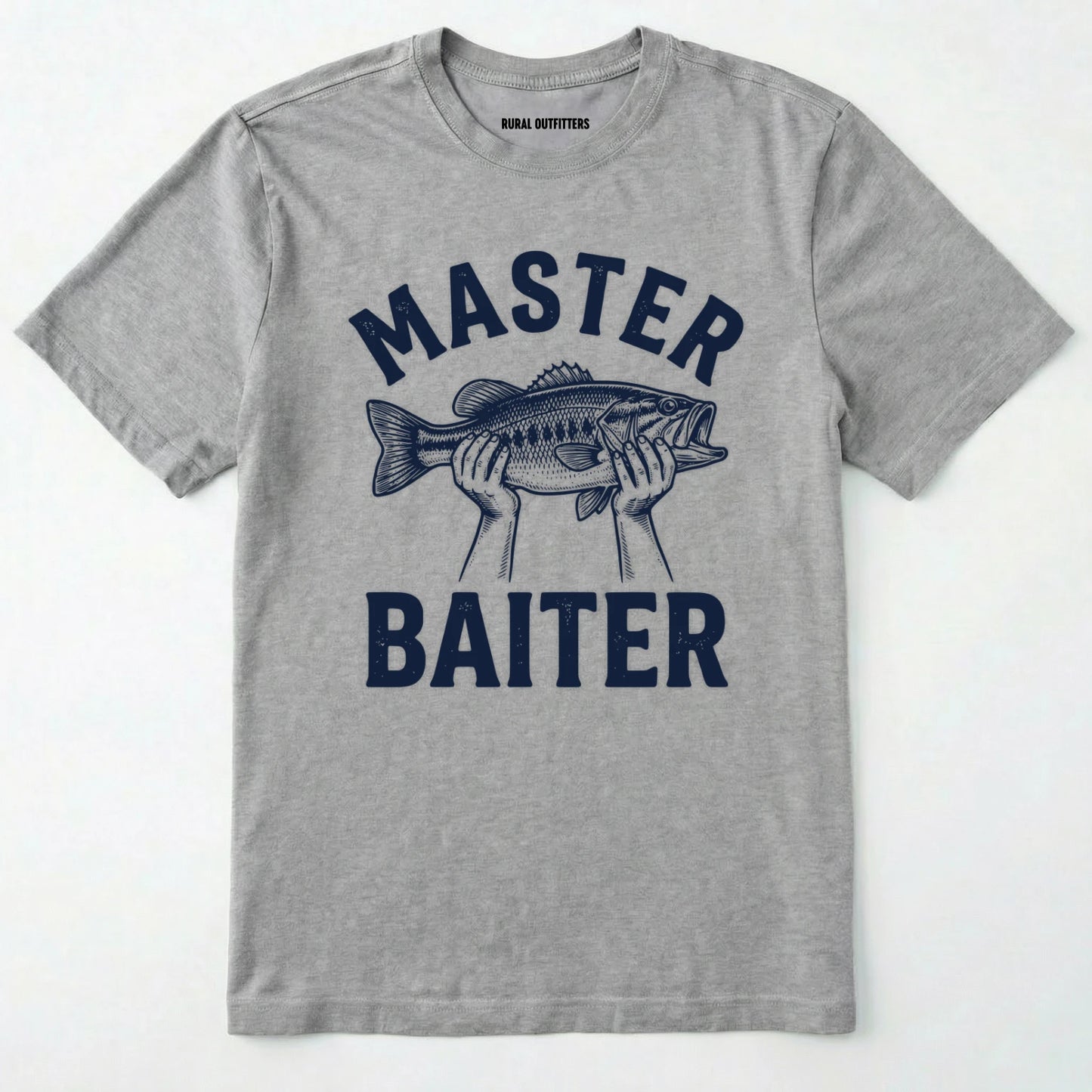 Sport Grey funny fish shirt with 'master baiter' text and fish graphic on a white background.