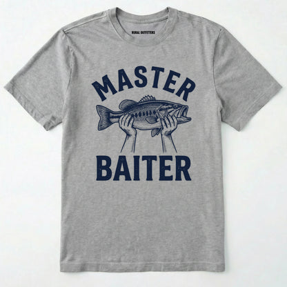 Sport Grey funny fish shirt with 'master baiter' text and fish graphic on a white background.