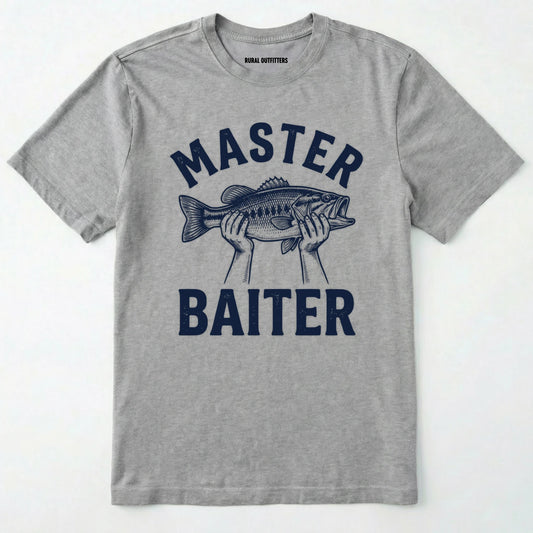 Sport Grey funny fish shirt with 'master baiter' text and fish graphic on a white background.