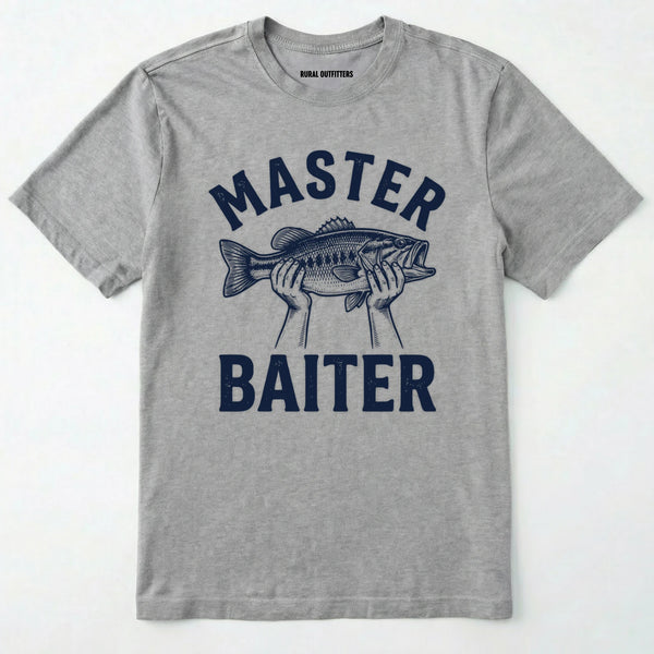 Sport Grey funny fish shirt with 'master baiter' text and fish graphic on a white background.