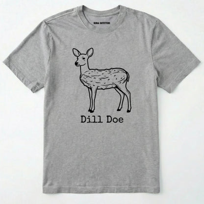 Sport Grey t-shirt with a black deer illustration and 'dill doe' text on a white background