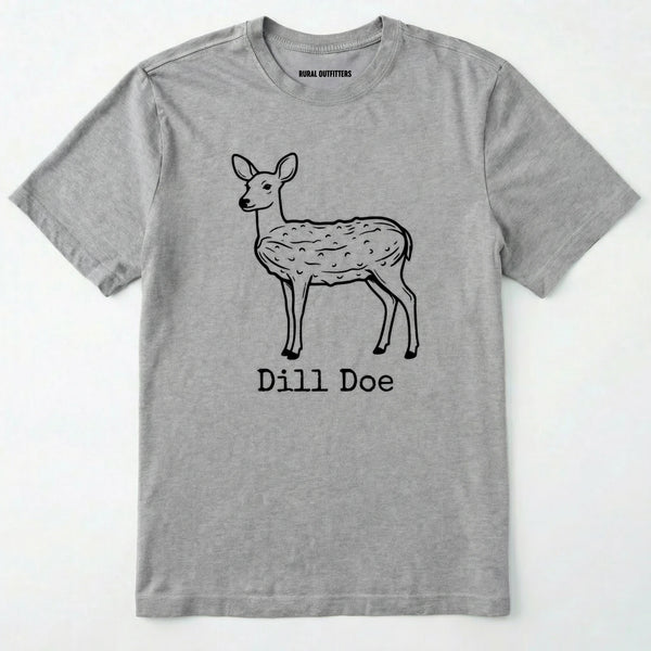 Sport Grey t-shirt with a black deer illustration and 'dill doe' text on a white background