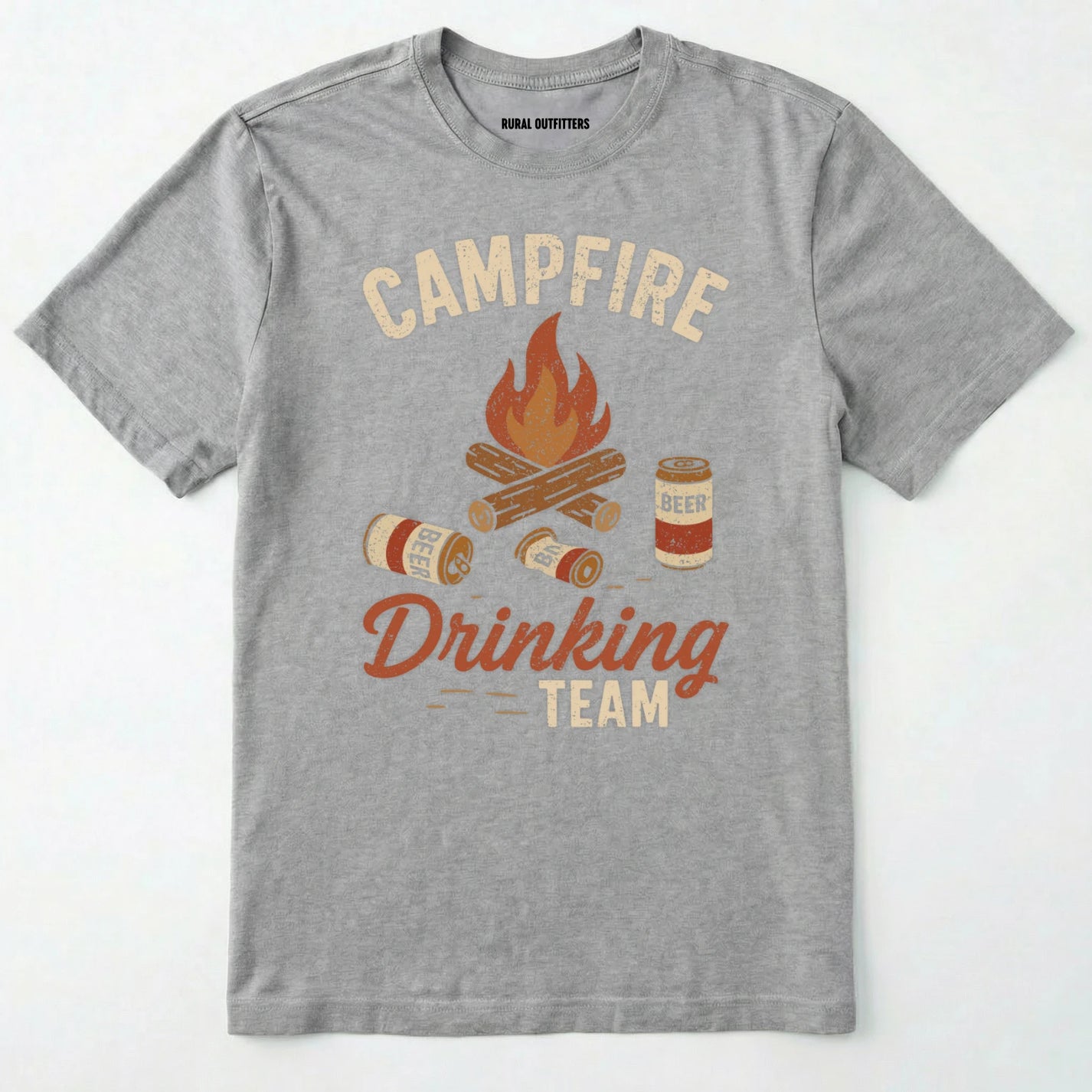 Sport Grey campfire drinking team t-shirt with beer cans and campfire graphic on a white background.