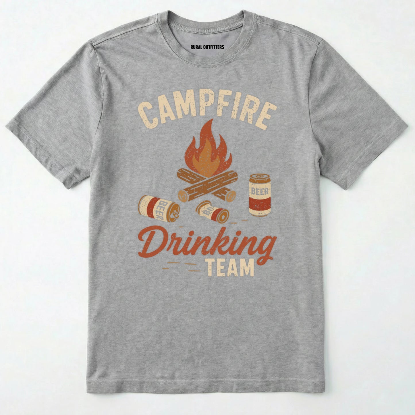 Sport Grey campfire drinking team t-shirt with beer cans and campfire graphic on a white background.