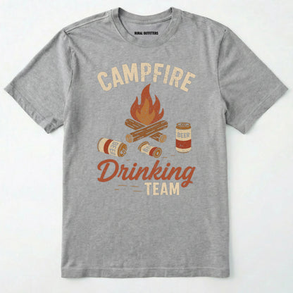 Sport Grey campfire drinking team t-shirt with beer cans and campfire graphic on a white background.