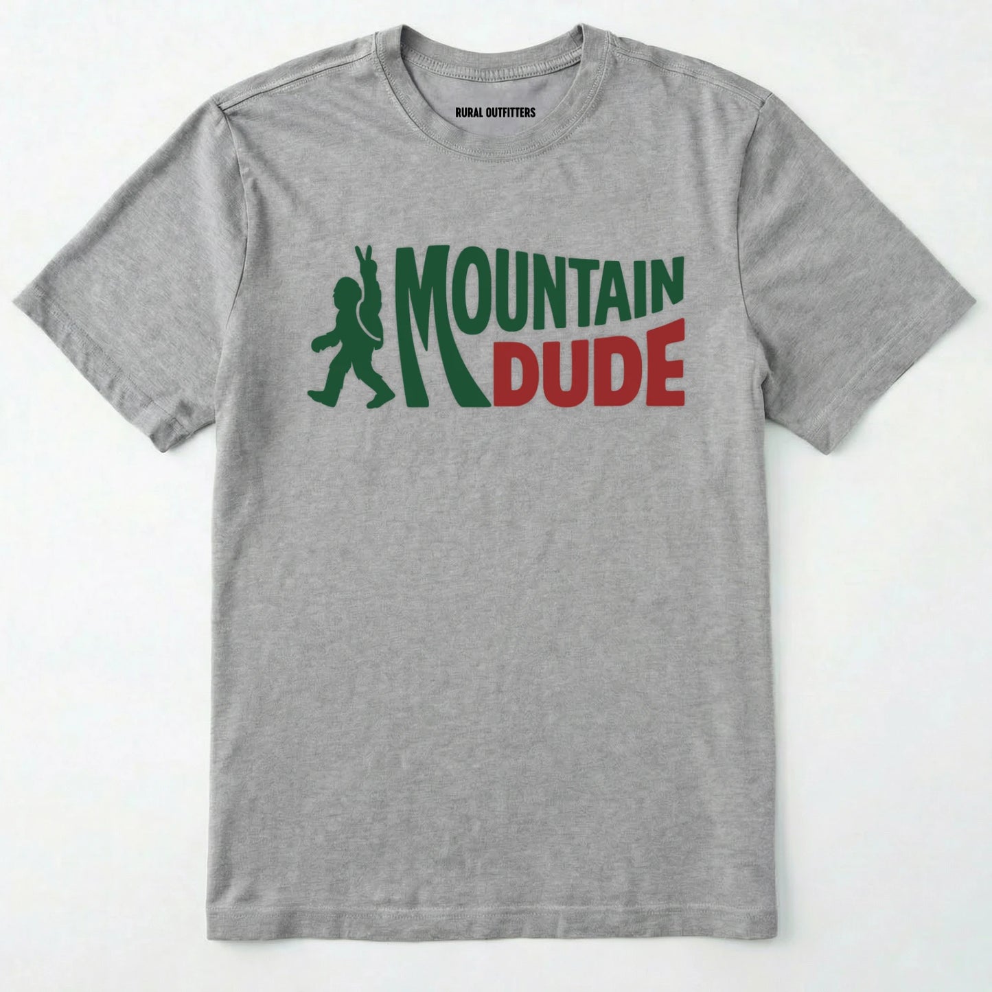 Sport Grey mountain dude shirt with Military Green and red text and bigfoot graphic on a white background.