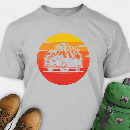 Grey camper shirt featuring vintage rv design with a warm sunset