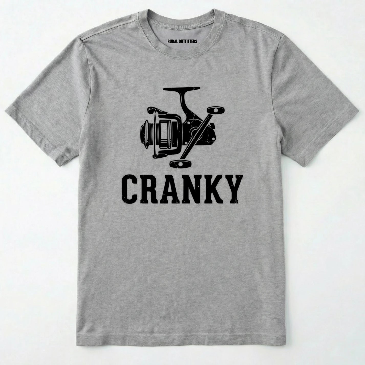 Sport Grey t-shirt with fishing reel graphic and 'cranky' text on a white background