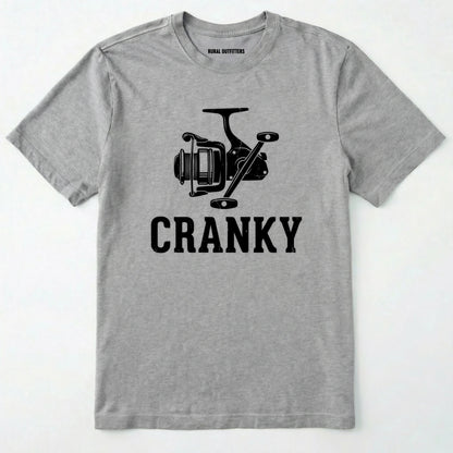 Sport Grey t-shirt with fishing reel graphic and 'cranky' text on a white background