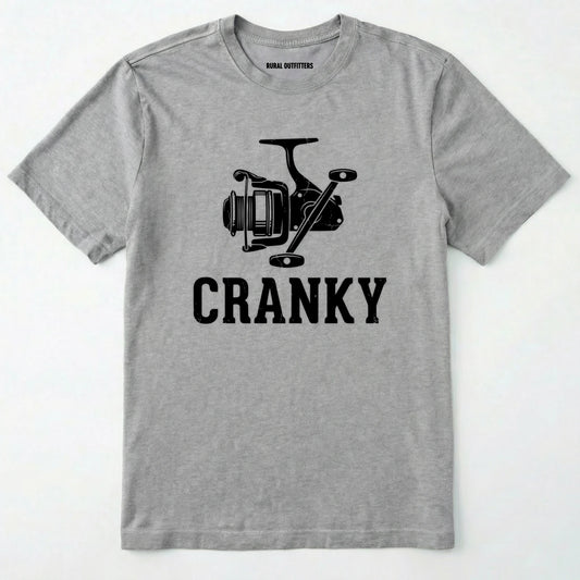 Sport Grey t-shirt with fishing reel graphic and 'cranky' text on a white background