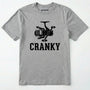 Sport Grey t-shirt with fishing reel graphic and 'cranky' text on a white background