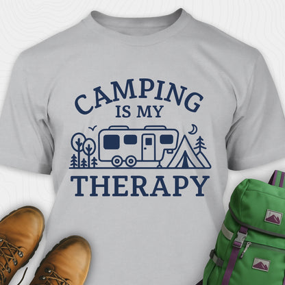 Gray camping is my therapy shirt with rv and tent design