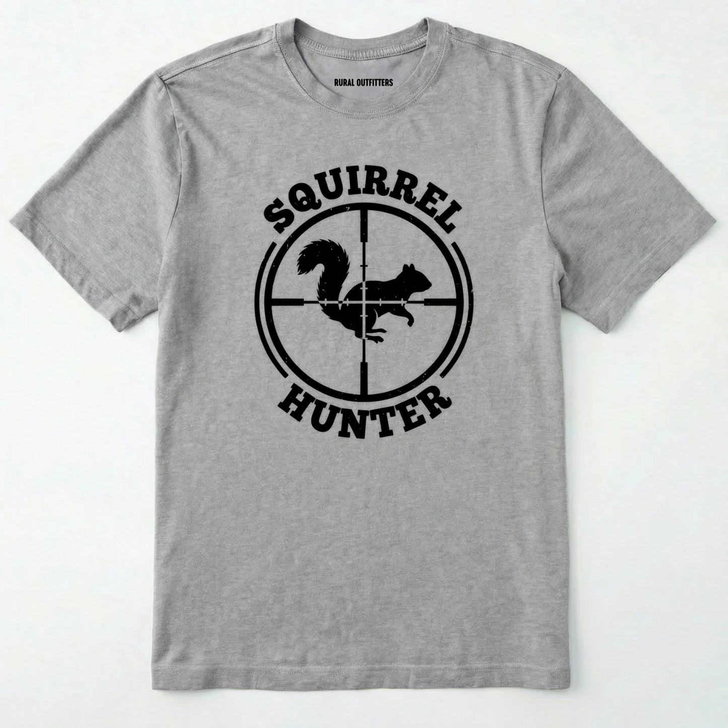 Sport Grey t-shirt with 'squirrel hunter' graphic design on a white background
