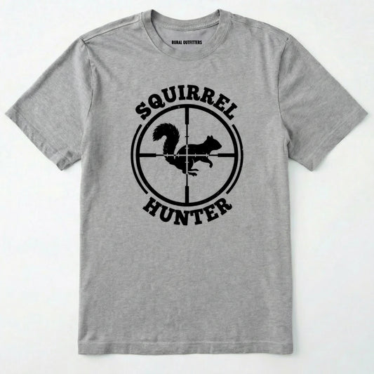 Sport Grey t-shirt with 'squirrel hunter' graphic design on a white background