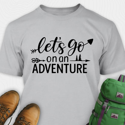 Gray lets go on an adventure shirt with arrow and trees graphic
