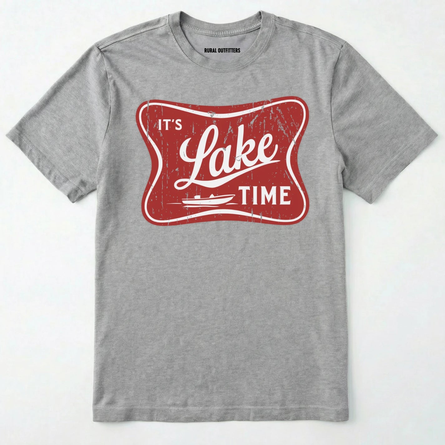 Sport Grey lake t-shirt with retro ⊜it⊙s lake time⊝ graphic, featuring a red vintage lake badge design, nature-themed on a white background.
