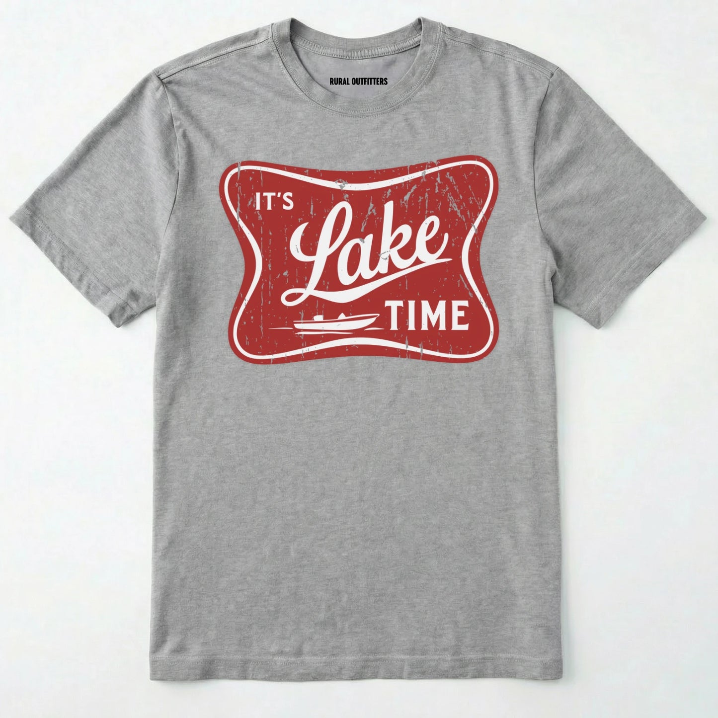 Sport Grey lake t-shirt with retro ⊜it⊙s lake time⊝ graphic, featuring a red vintage lake badge design, nature-themed on a white background.