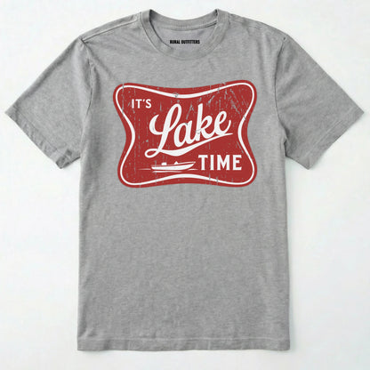 Sport Grey lake t-shirt with retro ⊜it⊙s lake time⊝ graphic, featuring a red vintage lake badge design, nature-themed on a white background.