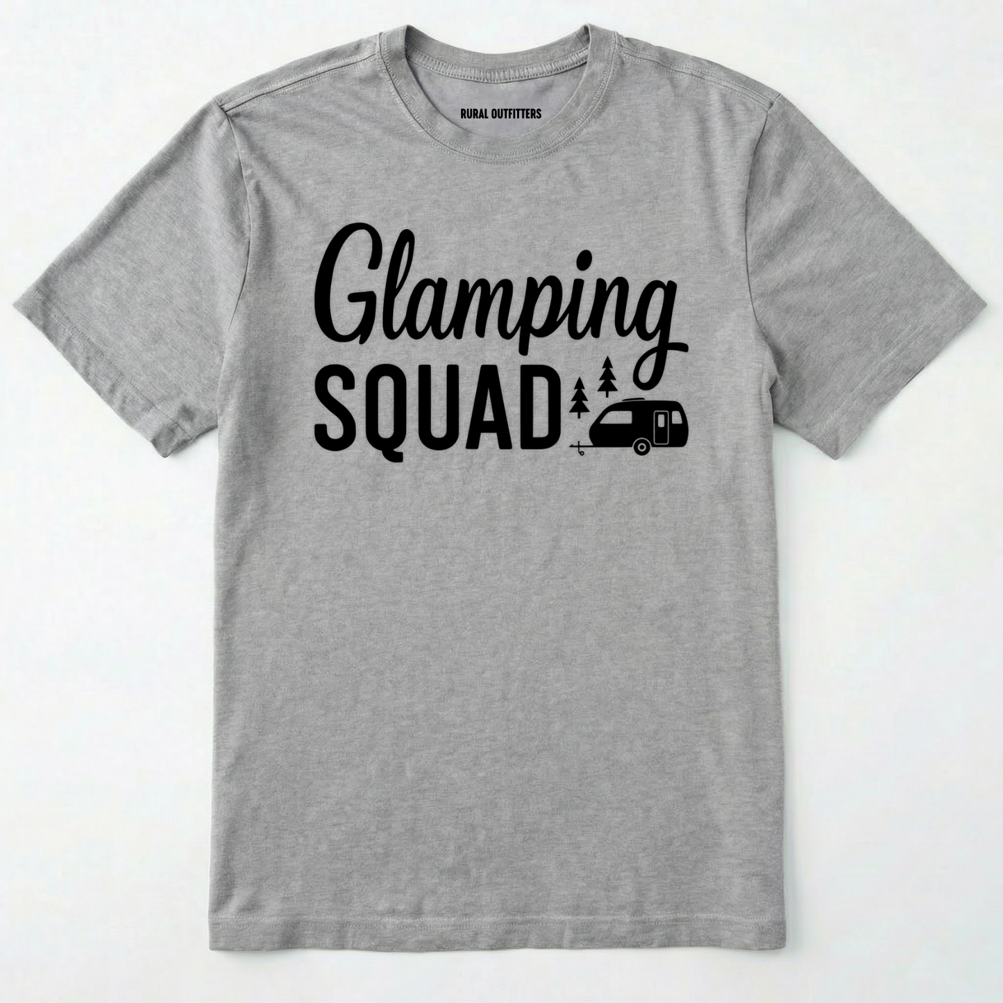 Sport Grey glamper shirt with cute camper and trees design and "glamping squad" text on a white background.