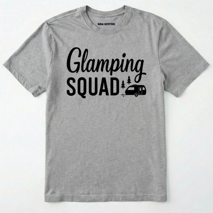 Sport Grey glamper shirt with cute camper and trees design and "glamping squad" text on a white background.