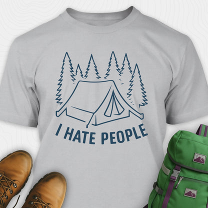Gray I hate everybody t-shirt with tent and pine tree graphic