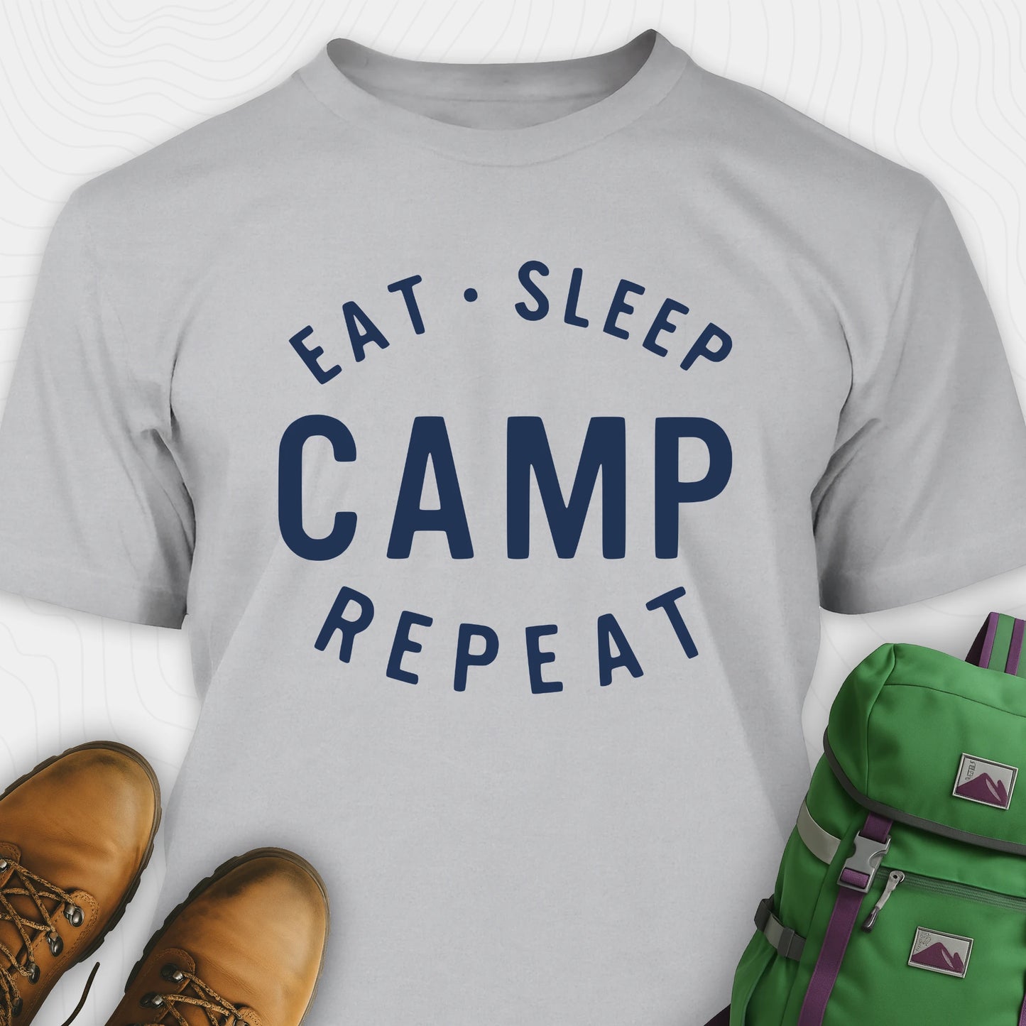 Gray eat sleep camp repeat t-shirt with bold text