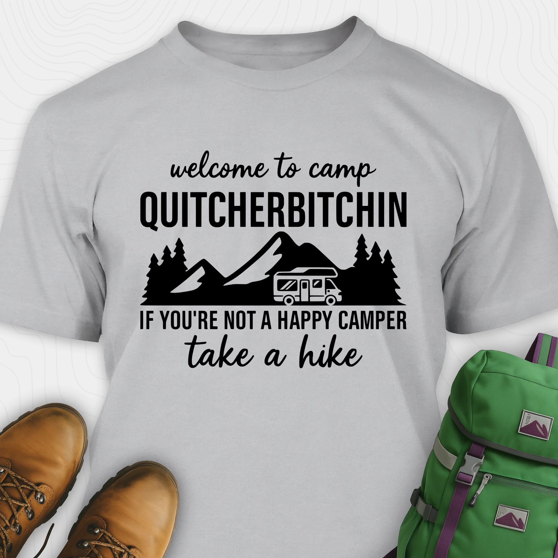 Grey camp quitcherbitchin shirt with rv and mountain graphic