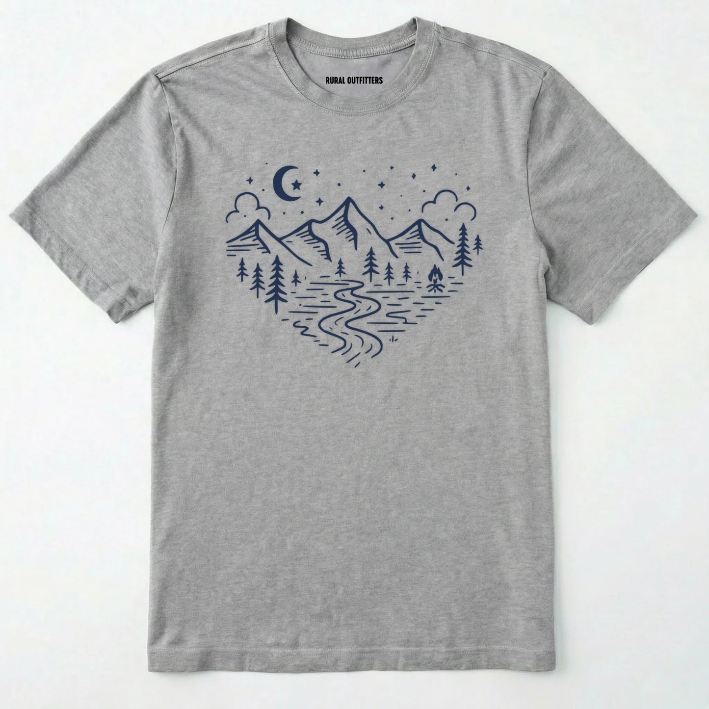 Sport Grey love nature t-shirt with mountain and forest heart graphic on a white background.