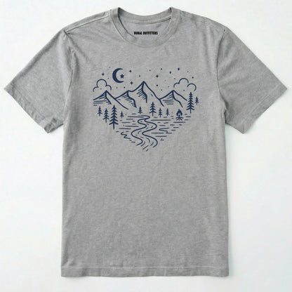 Sport Grey love nature t-shirt with mountain and forest heart graphic on a white background.