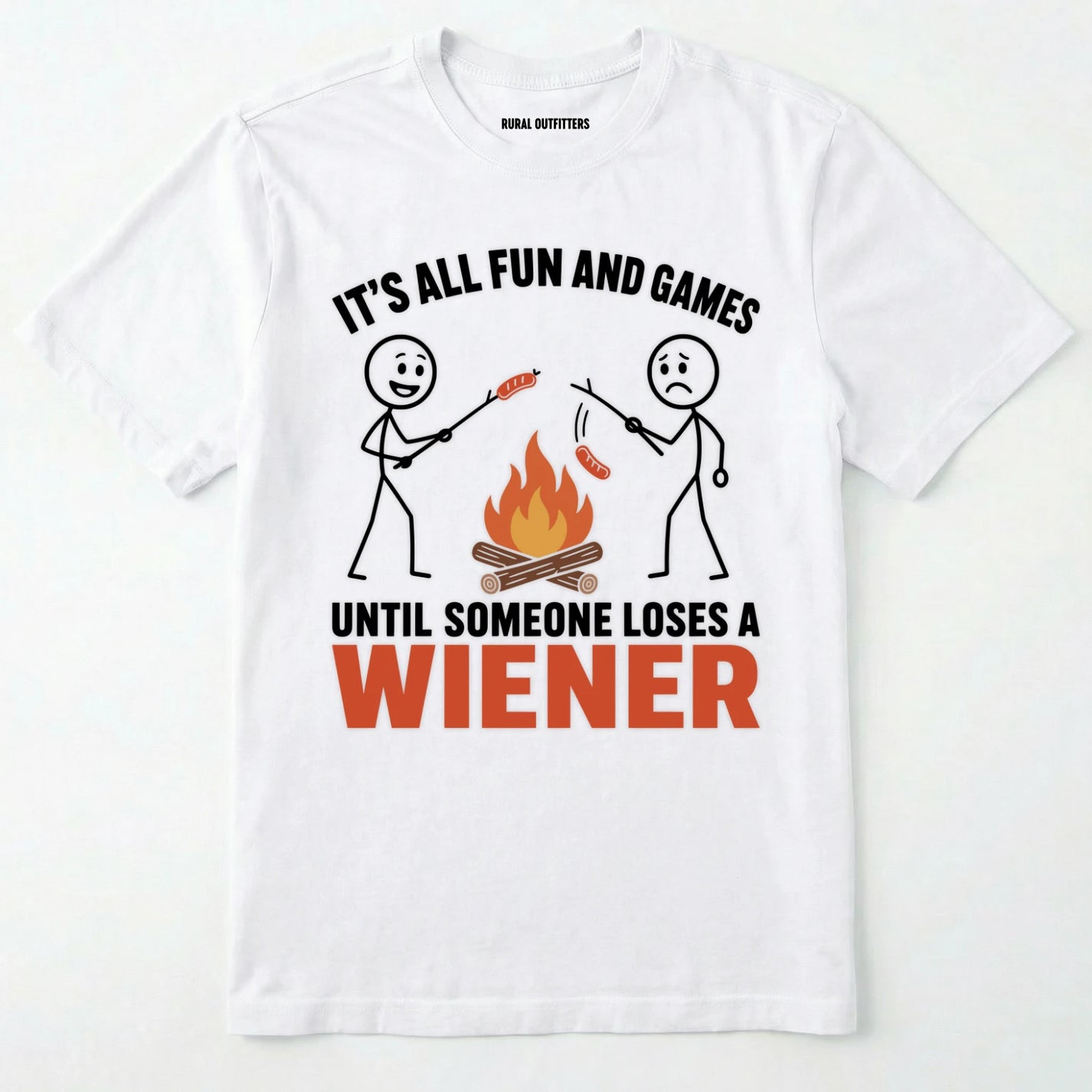 White funny wiener shirt with humorous campfire graphic and text on a white background