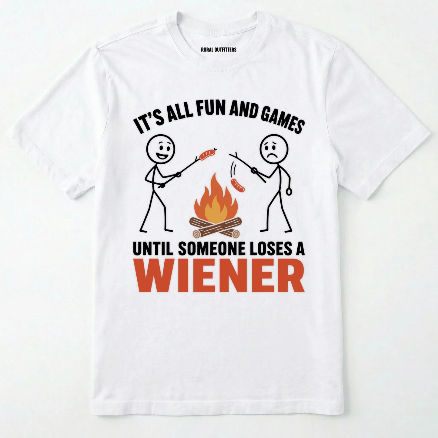 White funny wiener shirt with humorous campfire graphic and text on a white background