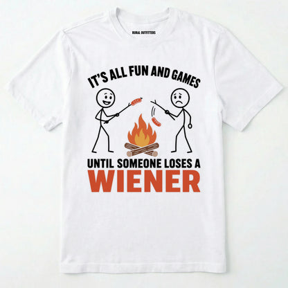 White funny wiener shirt with humorous campfire graphic and text on a white background