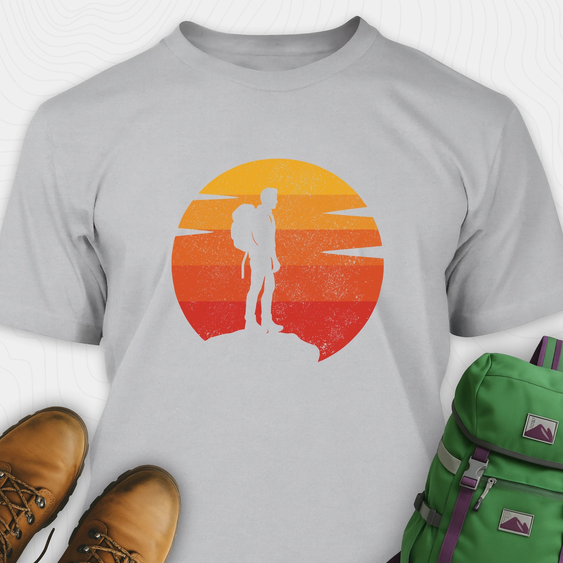 Gray retro sunset t-shirt with hiker silhouette