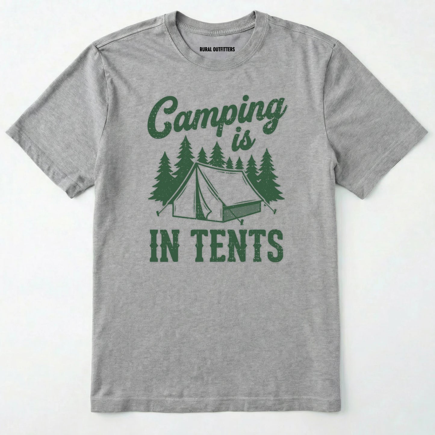 Sport Grey t-shirt with Military Green camping graphic and text on a white background